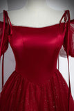 Burgundy A-Line Satin Tulle Floor Length Prom Dress, Off Shoulder Formal Evening Dress HZ1108