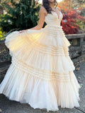 Champagne A-Line Spaghetti Straps Long Tiered Tulle Prom Dress With Split HZ1108