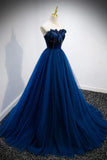 Elegant A-line Strapless Blue Velvet And Tulle Long Prom Dress HZ1108