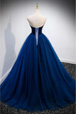 Elegant A-line Strapless Blue Velvet And Tulle Long Prom Dress HZ1108