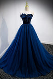 Elegant A-line Strapless Blue Velvet And Tulle Long Prom Dress HZ1108