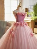 Pink A-Line Strapless Velvet Tulle Long Prom Dress, Sweet 16 Princess Dress HZ1108
