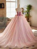 Pink A-Line Strapless Velvet Tulle Long Prom Dress, Sweet 16 Princess Dress HZ1108