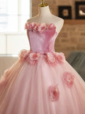 Pink A-Line Strapless Velvet Tulle Long Prom Dress, Sweet 16 Princess Dress HZ1108