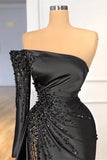 Black Mermaid One Shoulder Satin Long Prom Dress Beadings Evening Dress HZ1108
