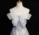 Silver Grey A-Line Tulle Sequin Long Prom Dress,Sweet Off-shoulder Evening Dress HZ1108