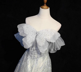 Silver Grey A-Line Tulle Sequin Long Prom Dress,Sweet Off-shoulder Evening Dress HZ1108