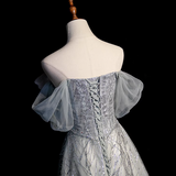 Silver Grey A-Line Tulle Sequin Long Prom Dress,Sweet Off-shoulder Evening Dress HZ1108