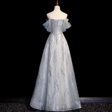 Silver Grey A-Line Tulle Sequin Long Prom Dress,Sweet Off-shoulder Evening Dress HZ1108