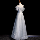 Silver Grey A-Line Tulle Sequin Long Prom Dress,Sweet Off-shoulder Evening Dress HZ1108