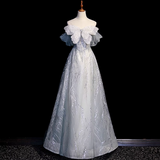 Silver Grey A-Line Tulle Sequin Long Prom Dress,Sweet Off-shoulder Evening Dress HZ1108