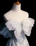 Silver Grey A-Line Tulle Sequin Long Prom Dress,Sweet Off-shoulder Evening Dress HZ1108