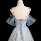 A-line Spaghetti Straps Tulle Sequins Long Prom Dress, Sweet Beaded Evening Dress HZ1108