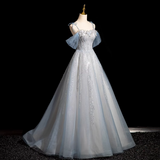 A-line Spaghetti Straps Tulle Sequins Long Prom Dress, Sweet Beaded Evening Dress HZ1108