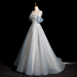 A-line Spaghetti Straps Tulle Sequins Long Prom Dress, Sweet Beaded Evening Dress HZ1108