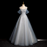 A-line Spaghetti Straps Tulle Sequins Long Prom Dress, Sweet Beaded Evening Dress HZ1108