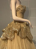 Gold A-line Strapless Tulle Sequined Long Ball Gown HZ1108
