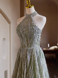 Green A-line Halterneck Tulle Sequins Long Prom Dress, Beaded Evening Dress HZ1108