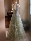Green A-line Halterneck Tulle Sequins Long Prom Dress, Beaded Evening Dress HZ1108