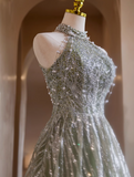 Green A-line Halterneck Tulle Sequins Long Prom Dress, Beaded Evening Dress HZ1108