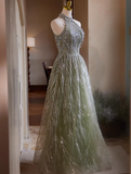 Green A-line Halterneck Tulle Sequins Long Prom Dress, Beaded Evening Dress HZ1108