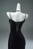 Black Mermaid Spaghetti Straps Velvet Beaded Long Prom Dresses , Elegant Evening Dress HZ1108