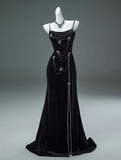 Black Mermaid Spaghetti Straps Velvet Beaded Long Prom Dresses , Elegant Evening Dress HZ1108