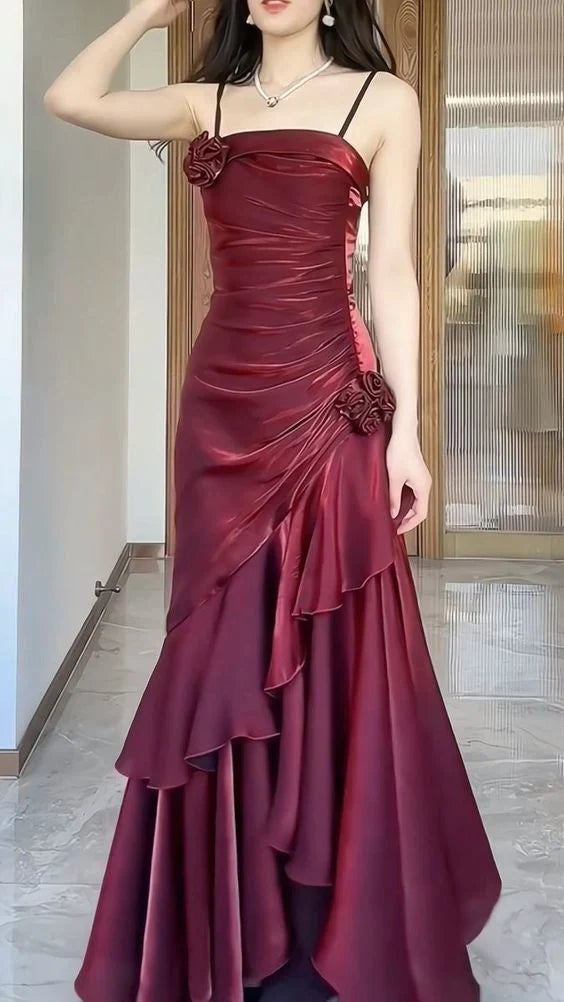 ??Elegant Satin Prom Dress for Quinceanera&Party-Fairytale A-line Straps Evening Gown for Birthday HZ1108