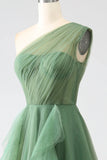 Dark Green A-Line One-Shoulder sequins Tulle Long Prom Dress HZ1108