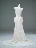 White Satin A-line Sweetheart Beaded Long Prom Dress, Elegant Adult Ceremony Graduation Prom Dress HZ1108
