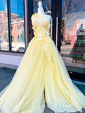 Light Yellow A-line One Shoulder Tulle 3D Appliques Beading Long Prom Dress with Slit HZ1108