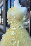Light Yellow A-line One Shoulder Tulle 3D Appliques Beading Long Prom Dress with Slit HZ1108
