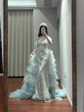Mermaid Off-the-shoulder Tulle Sequin Long Ball Gown, Elegant Rhinestone Evening Gown HZ1108