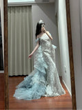 Mermaid Off-the-shoulder Tulle Sequin Long Ball Gown, Elegant Rhinestone Evening Gown HZ1108
