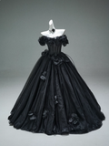 Black A-line Off-the-Shoulder Tulle 3D Applique Long Prom Dress,Adult Ceremony Graduation Prom Dress HZ1108