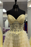 Yellow A-line Strapless Multi-Layers Sweetheart Tulle Beaded Long Prom Dress with Slit HZ1108
