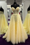 Yellow A-line Strapless Multi-Layers Sweetheart Tulle Beaded Long Prom Dress with Slit HZ1108