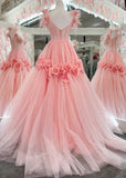Pink A-Line Off the Shoulder Lace Tulle Long Prom Dress, Sweet 16 Dress HZ1108