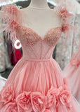 Pink A-Line Off the Shoulder Lace Tulle Long Prom Dress, Sweet 16 Dress HZ1108