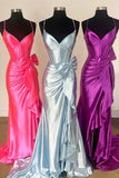 Spaghetti Straps V-Neck Satin Mermaid Prom Dress with Bow HZ1108