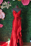 Spaghetti Straps V-Neck Satin Mermaid Prom Dress with Bow HZ1108