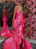 Spaghetti Straps V-Neck Satin Mermaid Prom Dress with Bow HZ1108