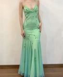 Mint Green Mermaid Spaghetti Straps Long Prom Dresses HZ1108