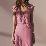 Pink V-Neck Chiffon Pleated Sleeveless Back Zippered Long Prom Dress Beautiful Party Dress HZ1108