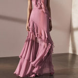 Pink V-Neck Chiffon Pleated Sleeveless Back Zippered Long Prom Dress Beautiful Party Dress HZ1108