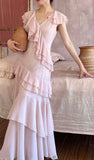 Pink V-Neck Chiffon Pleated Sleeveless Back Zippered Long Prom Dress Beautiful Party Dress HZ1108