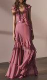 Pink V-Neck Chiffon Pleated Sleeveless Back Zippered Long Prom Dress Beautiful Party Dress HZ1108