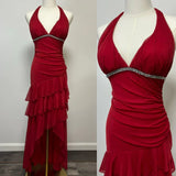 Burgundy A-line Halter V Neck Chiffon Backless Prom Dress,Bridesmaid Dress With Ankle Length HZ1108