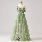 Sage Green A-Line Tulle Spaghetti Straps 3D Butterfly Long Prom Dress Sweet Adult Graduation Prom Dress HZ1108