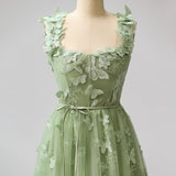 Sage Green A-Line Tulle Spaghetti Straps 3D Butterfly Long Prom Dress Sweet Adult Graduation Prom Dress HZ1108